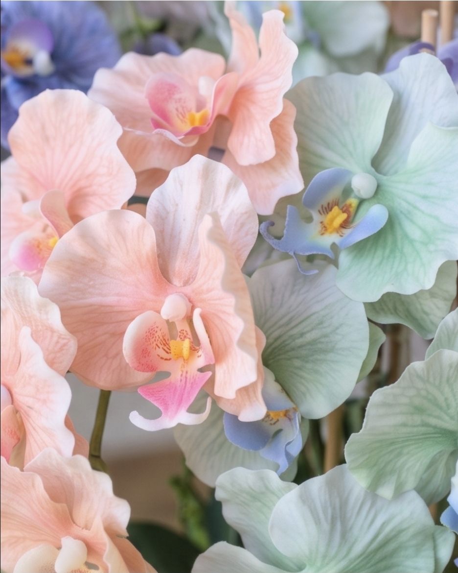 Clara Rainbow kollekció – Vegyes pasztell színek orchidea virágok közelről