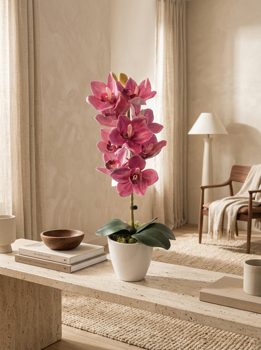 Pink cymbidium orchidea fehér kaspóban nappaliban