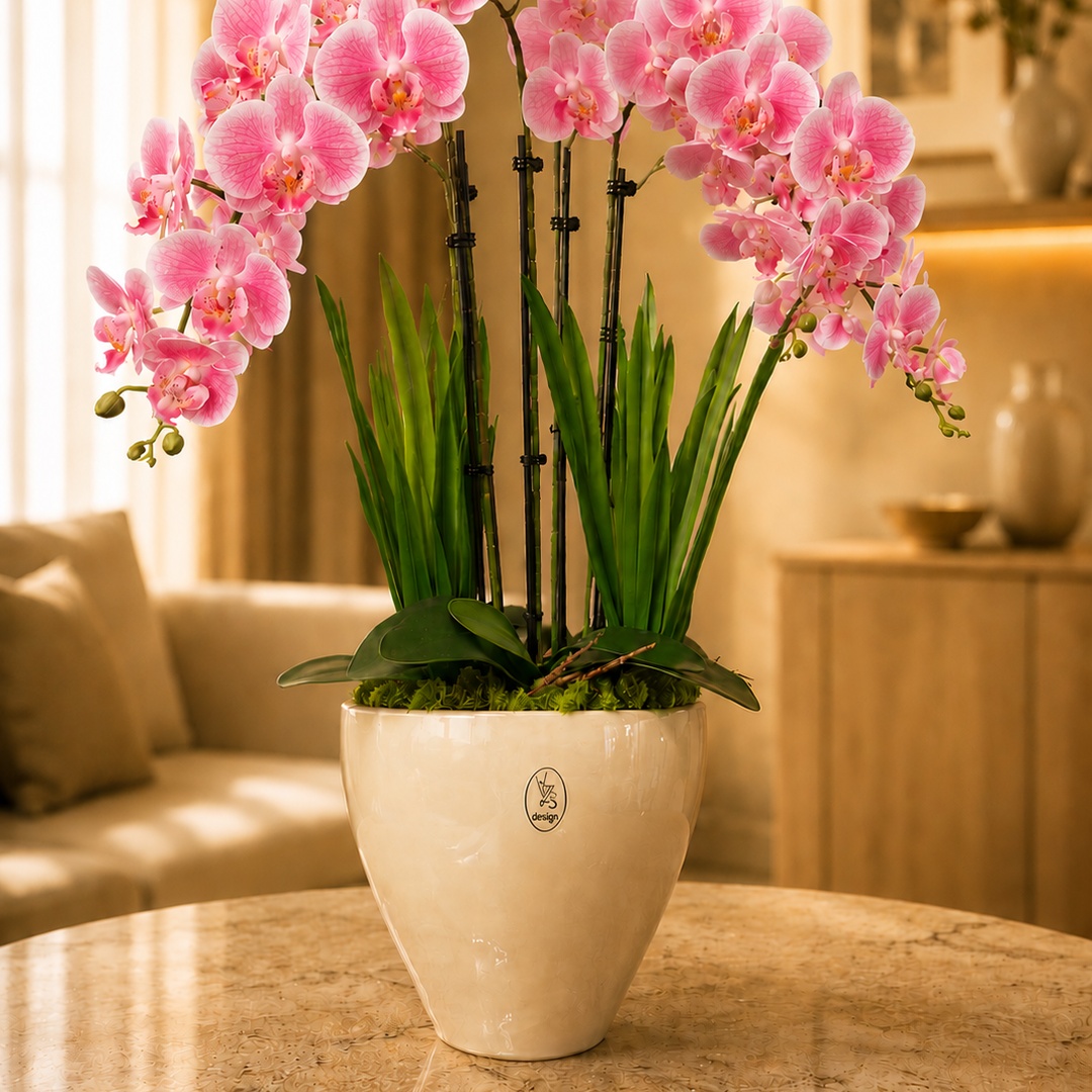 Rózsaszín orchidea nagy krémszínű kerámia kaspóban