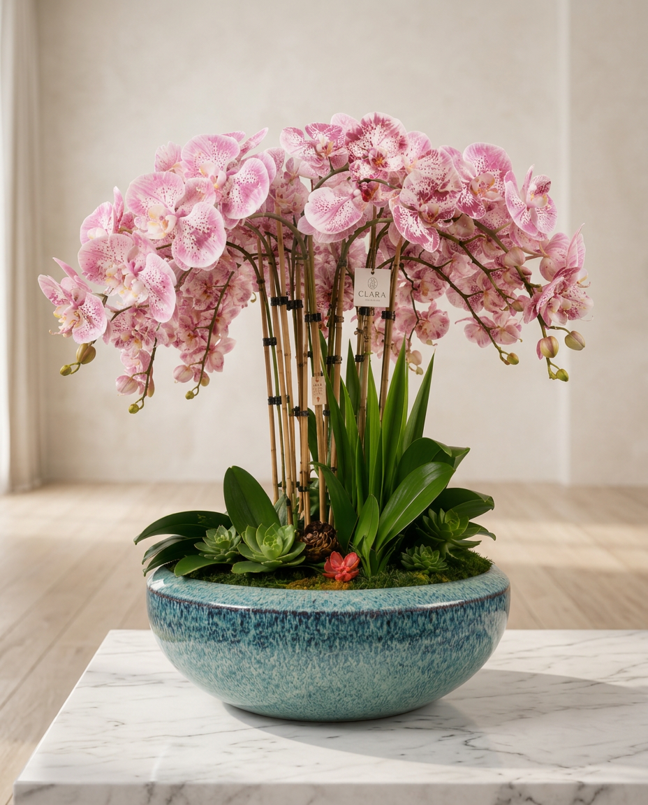 Rózsaszín pöttyös orchidea kompozíció türkiz kerámia tálban