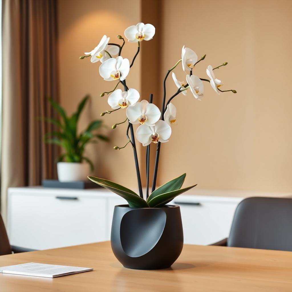 Céges ajándék: fehér orchidea sötét kaspóban.