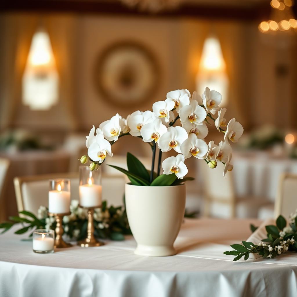 Esküvői asztaldísz orchideával.