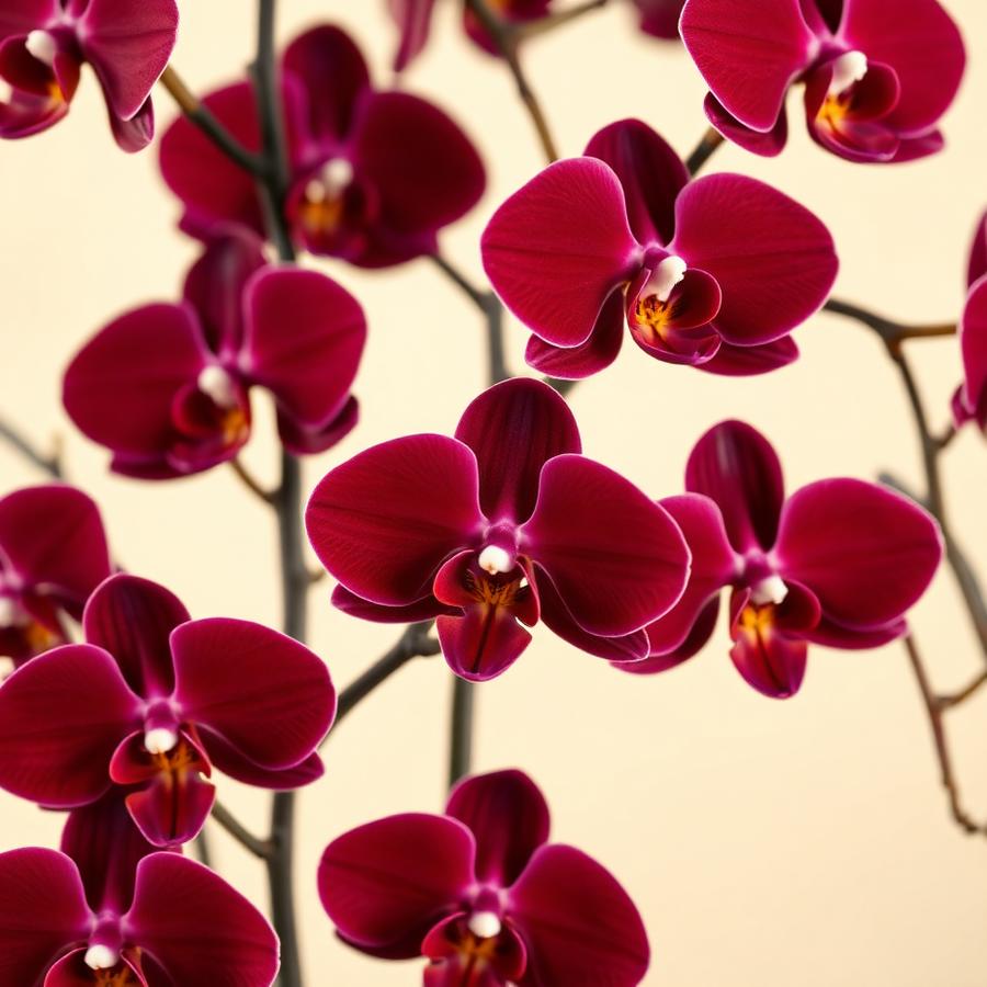 Clara Majesty kollekció – Bordó / burgundi orchidea virágok közelről