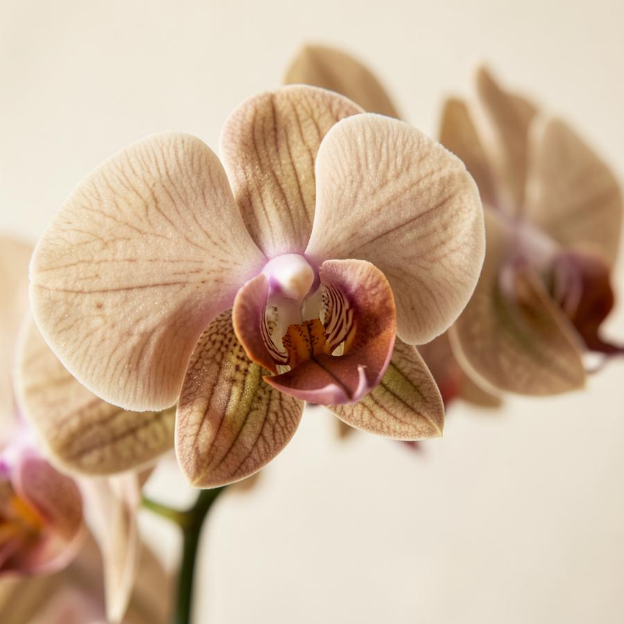 Clara Mocha kollekció – Bézses / barnás orchidea virágok közelről